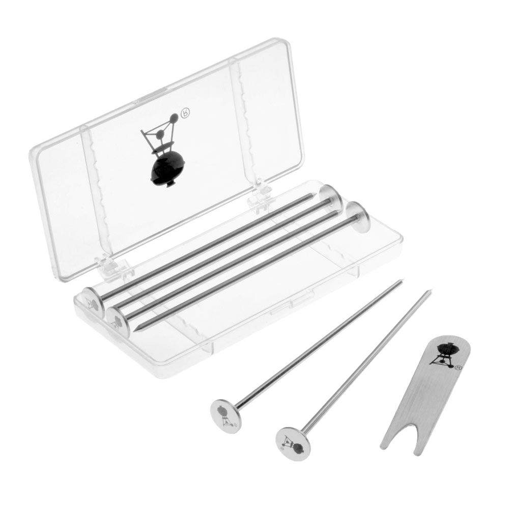 Set of six stainless steel potato nails with heat-conductive design and metal removal tool in clear plastic case