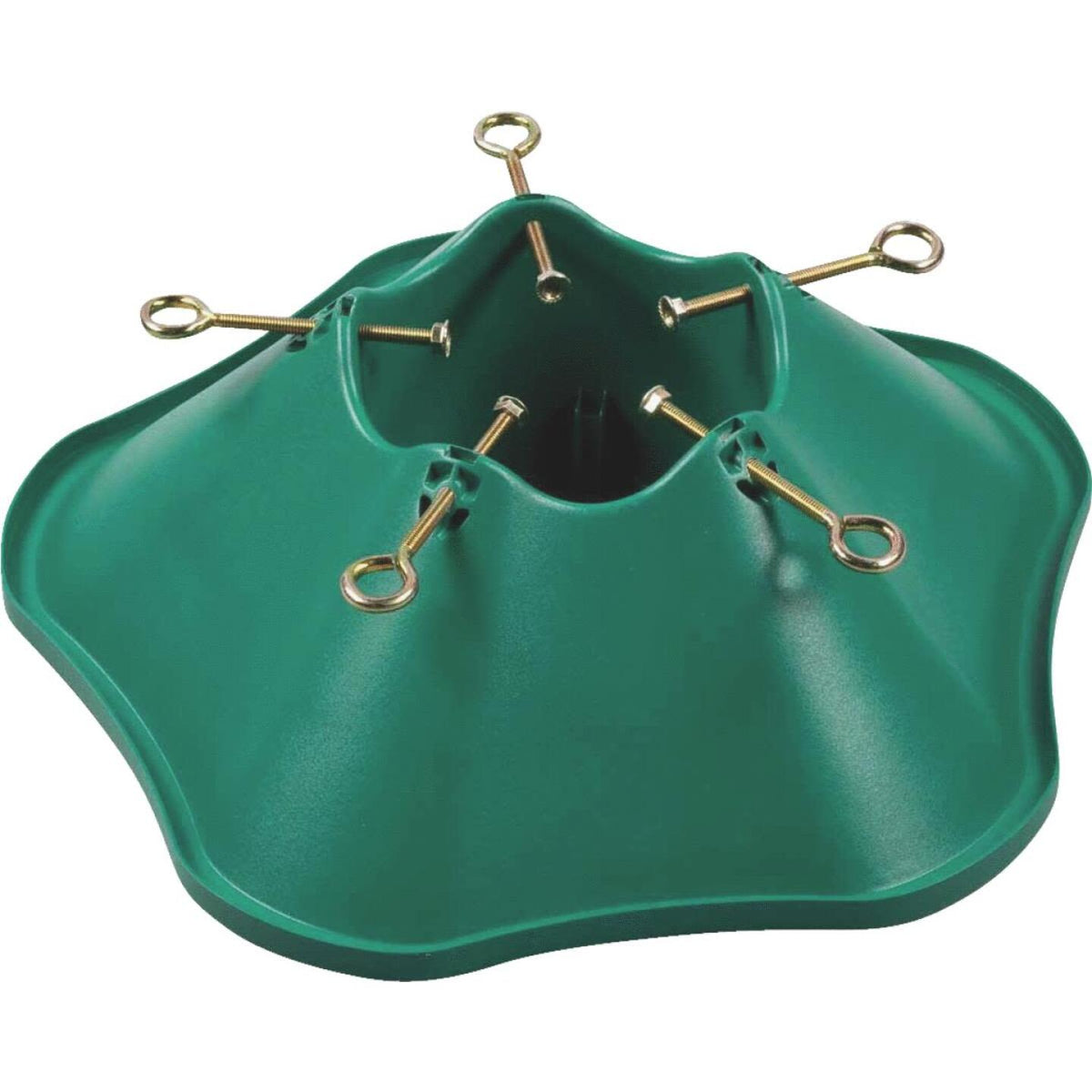 Green plastic tree stand base with metal tightening screws for securing Christmas trees up to eight feet tall