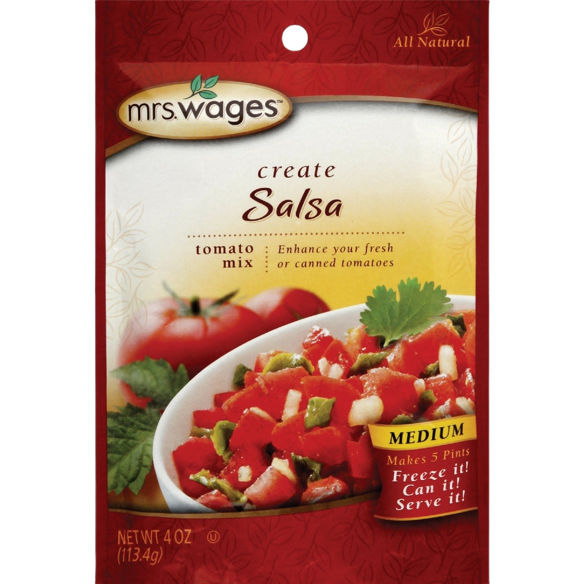 Packet of Mrs. Wages salsa tomato mix with image of fresh salsa and medium spice label on red and yellow background