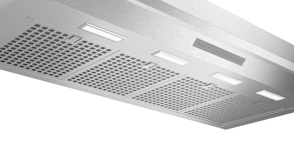 stainless steel insert range hood with LED lighting and noise control technology for over the range kitchen ventilation