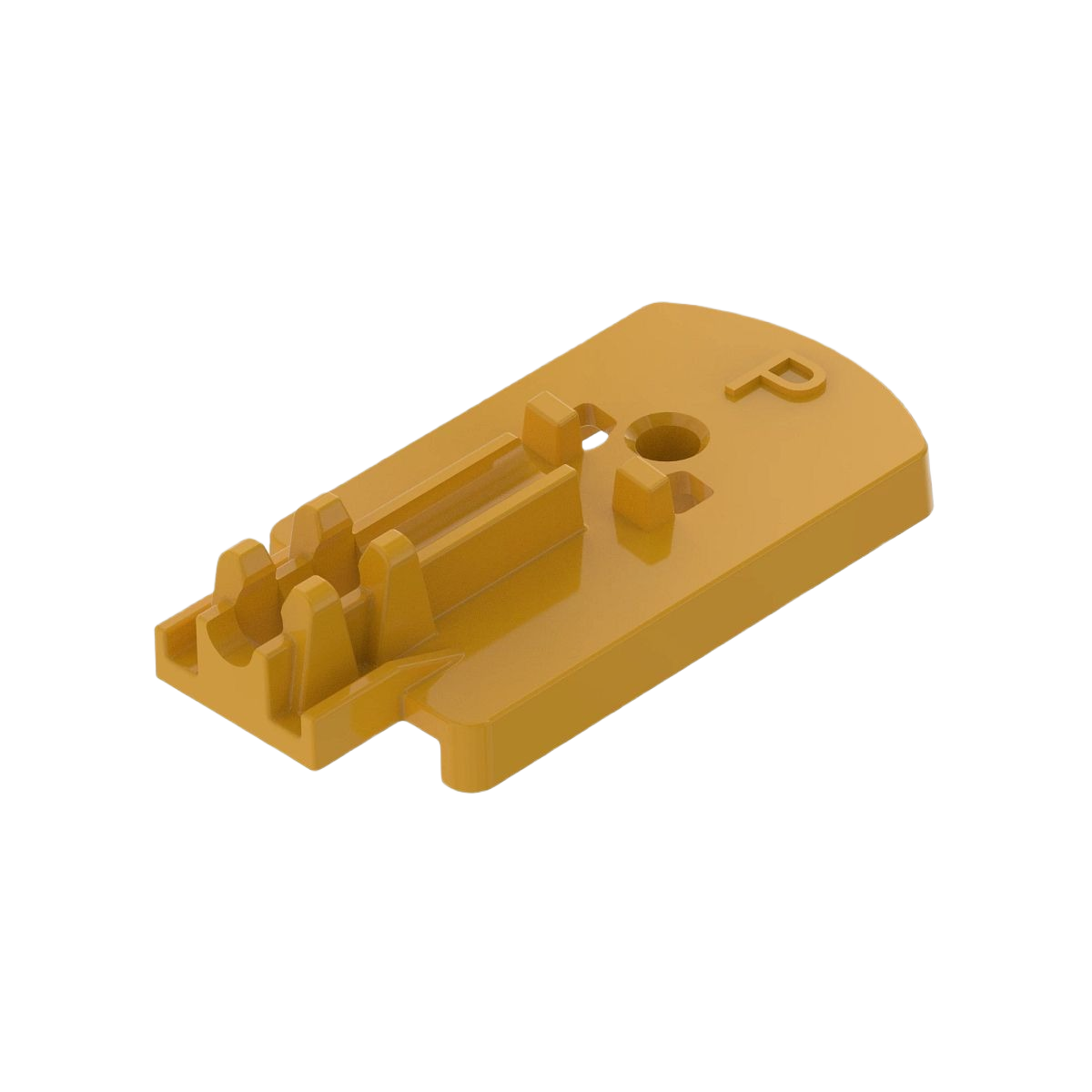 Yellow plastic adapter component with mounting hole and raised features for tools and home improvement use