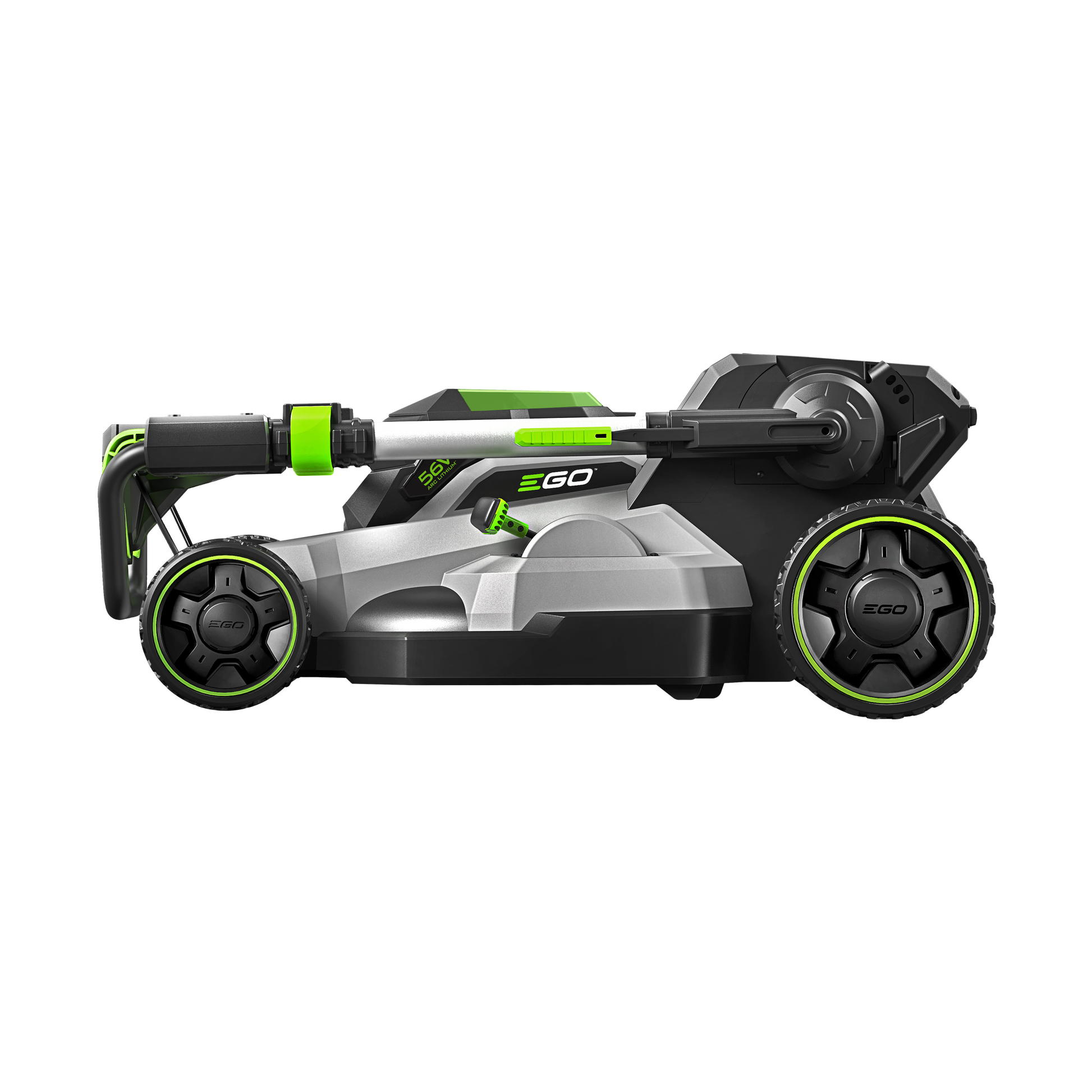 Folded gray and black EGO self-propelled lawn mower with green accents for outdoor power tools and garden equipment collections