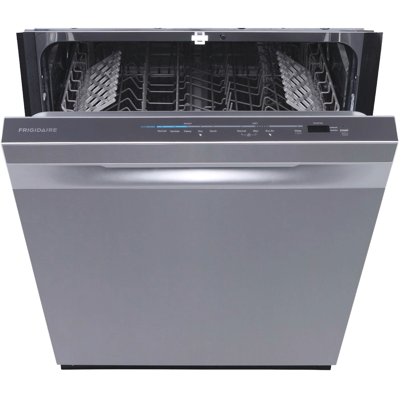 Built-in 24-inch dishwasher with stainless steel front, digital controls, and open door showing racks inside