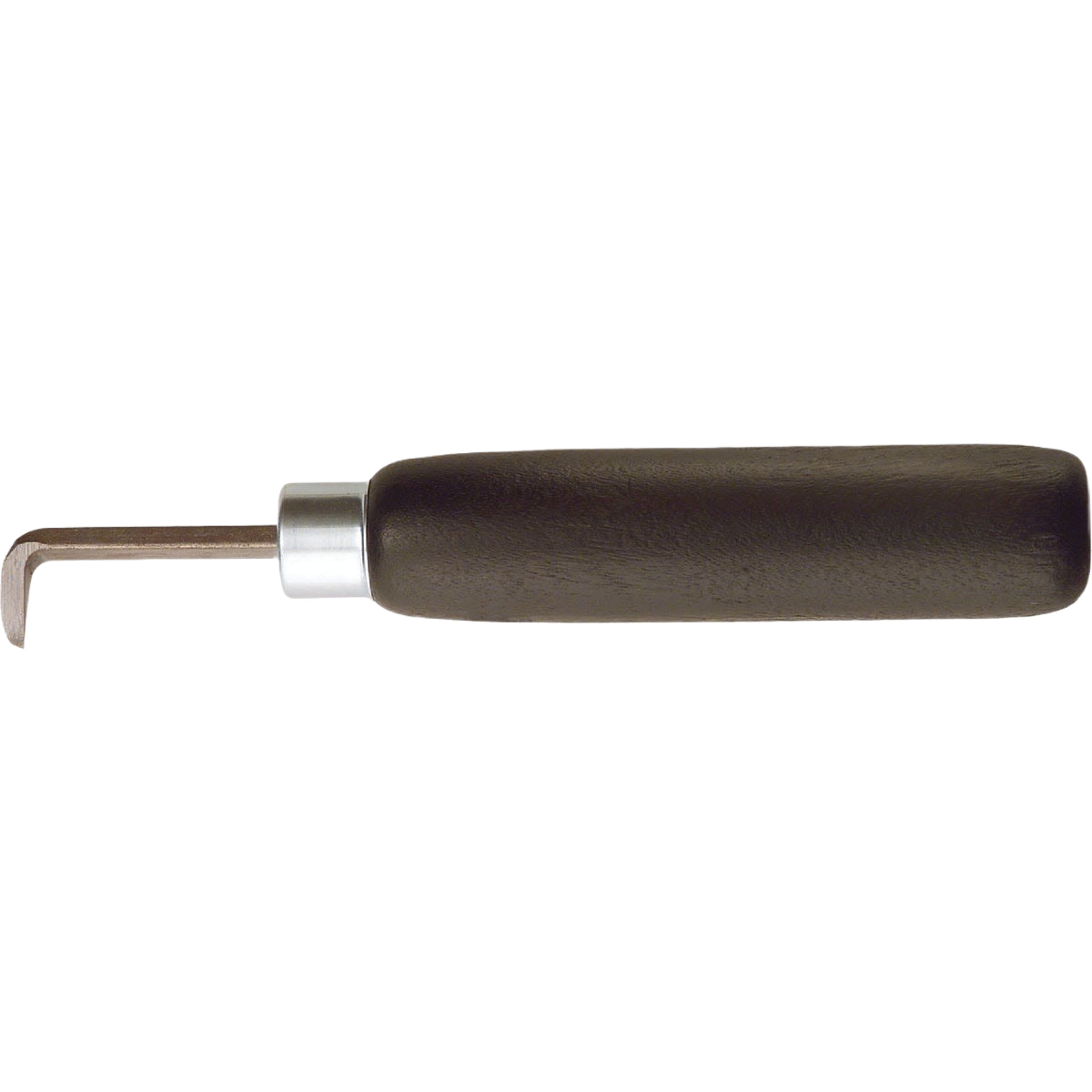 Handheld crack opener tool with curved metal tip and textured dark brown ergonomic handle for home improvement use
