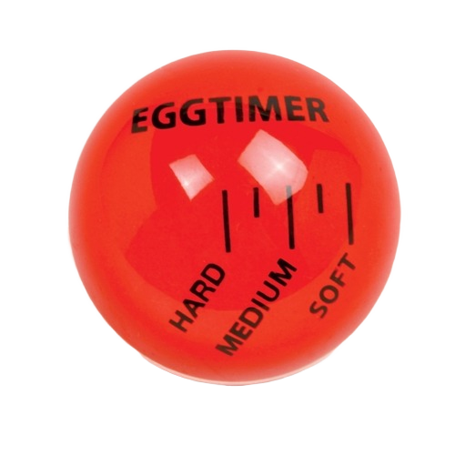 Red round kitchen gadget for timing eggs with hardness levels marked soft, medium, and hard in cooking tools category