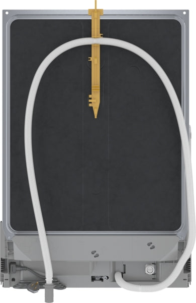 Back view of 24-inch black dishwasher with water hose and connection points, part of Bosch kitchen appliances