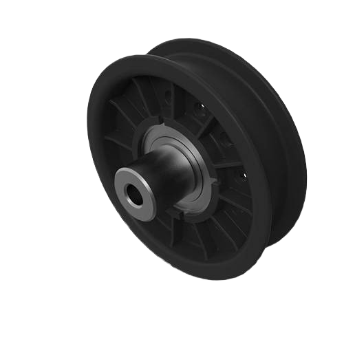 Black durable pulley wheel with central metal bearing for tools and home improvement projects