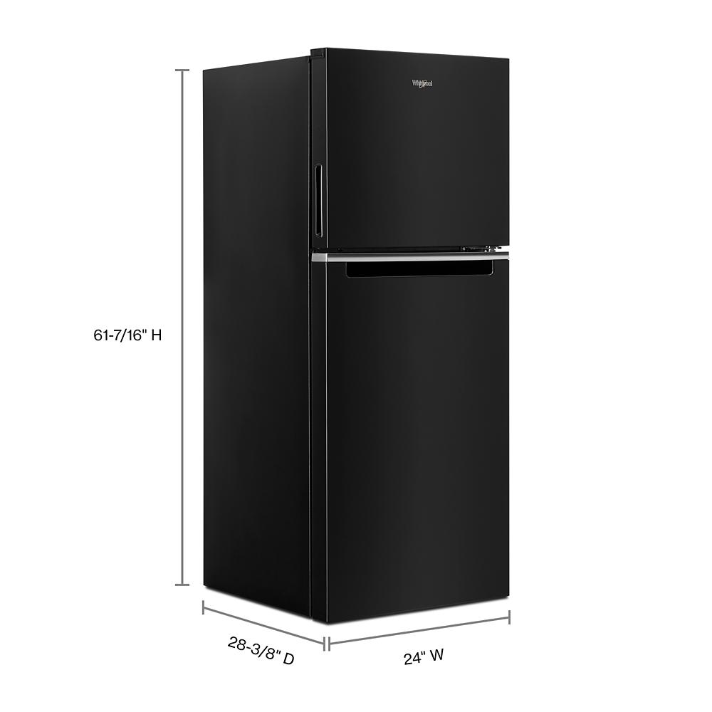 Black Whirlpool 24-inch wide top-freezer refrigerator with vertical handles from kitchen appliances collection