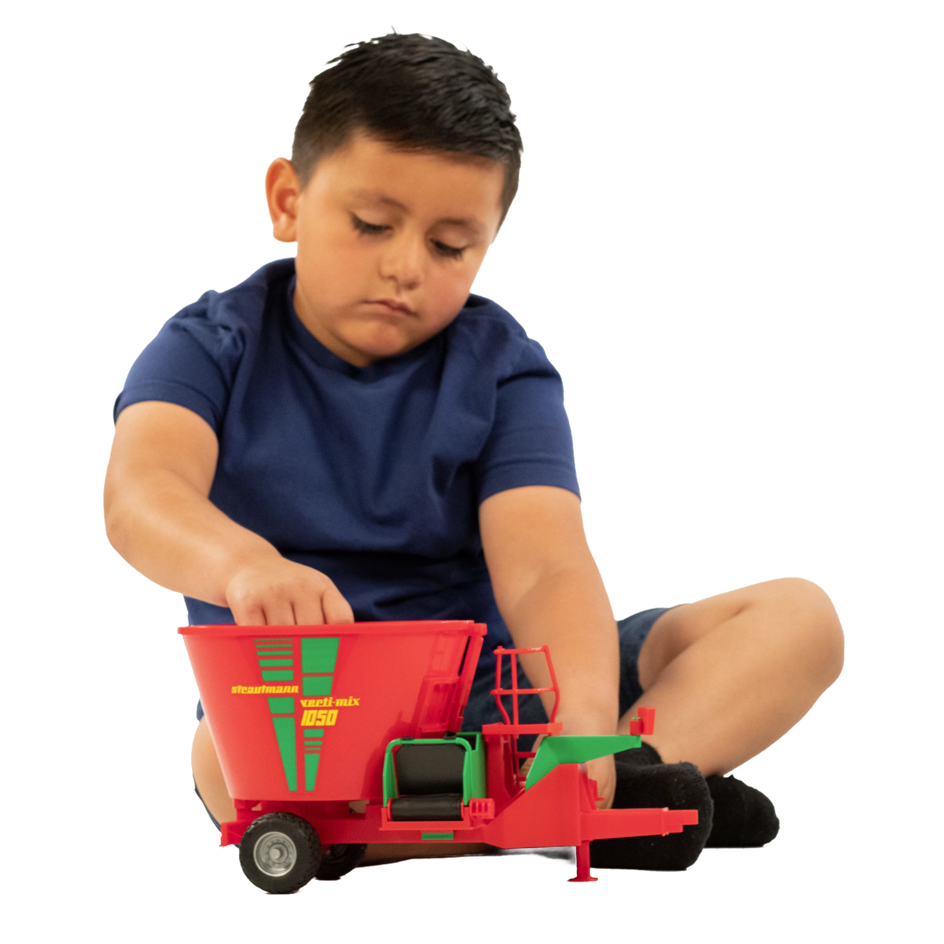 Child playing with red and green Bruder 02127 fodder mixer model from Vehicles & Remote Controlled Toys collection