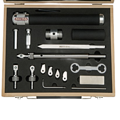 Woodturning tool kit with metal handles, blades, and adjustment wrench organized in wooden storage case for DIY projects