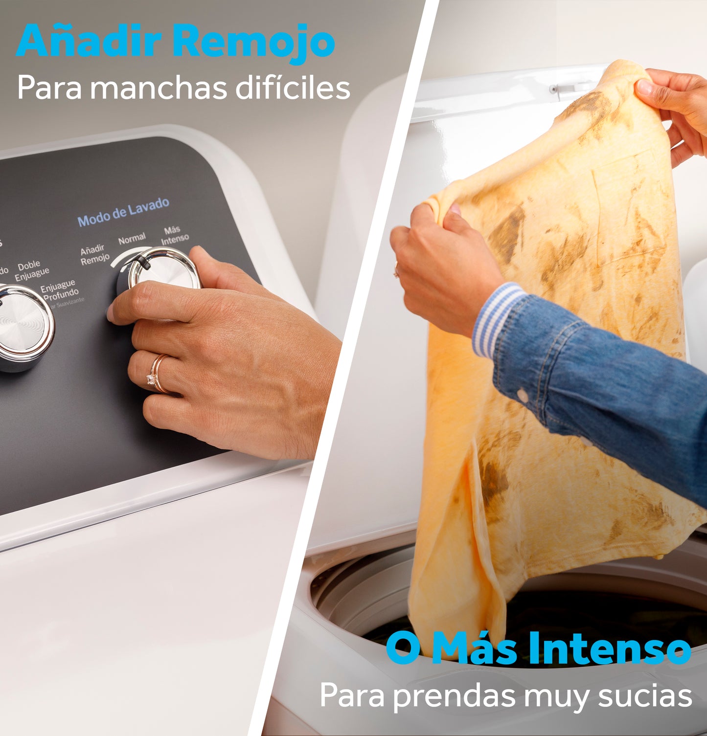 Hand adjusting Spanish wash mode dial on washer and inspecting heavily stained fabric over top load washer in appliances collection