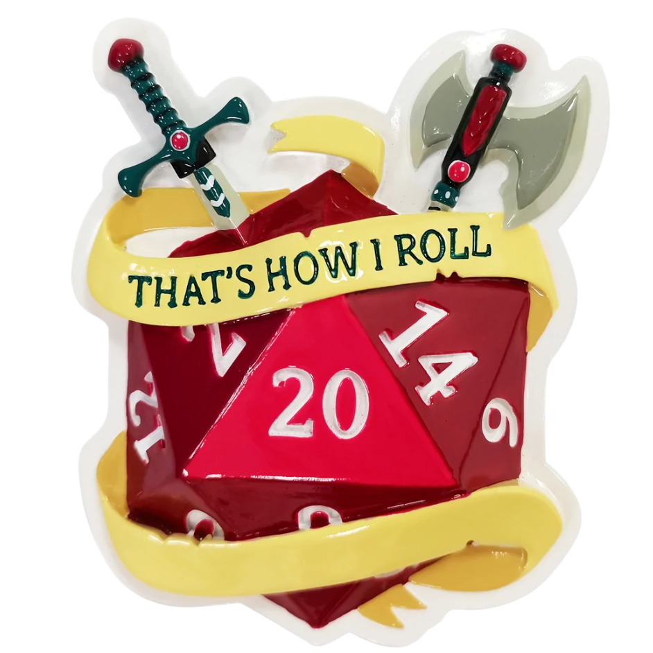 Red twenty-sided dice ornament with swords and yellow banner reading That's How I Roll from Christmas Ornaments collection
