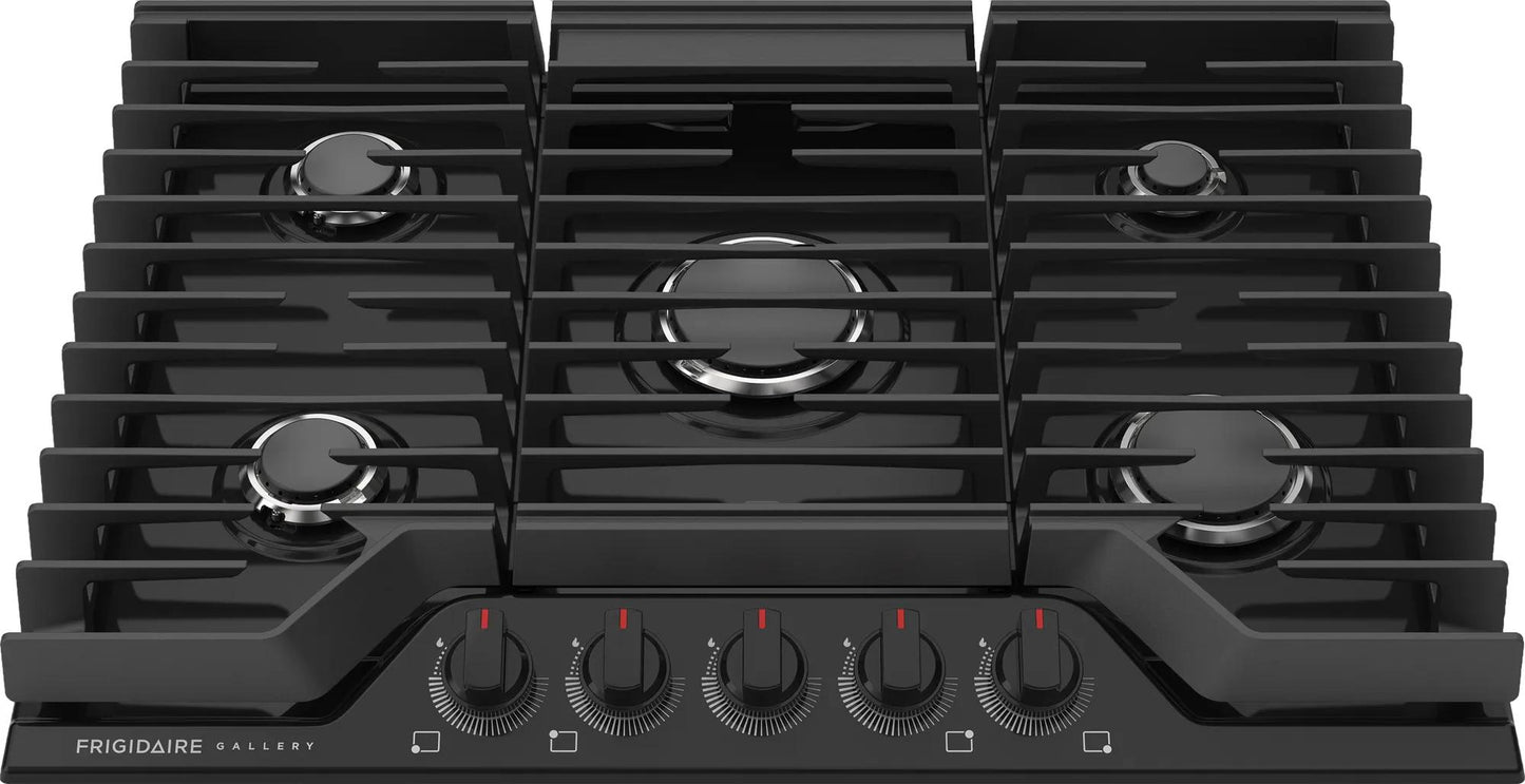 Black five-burner gas cooktop with continuous grates and control knobs designed for versatile kitchen cooking needs