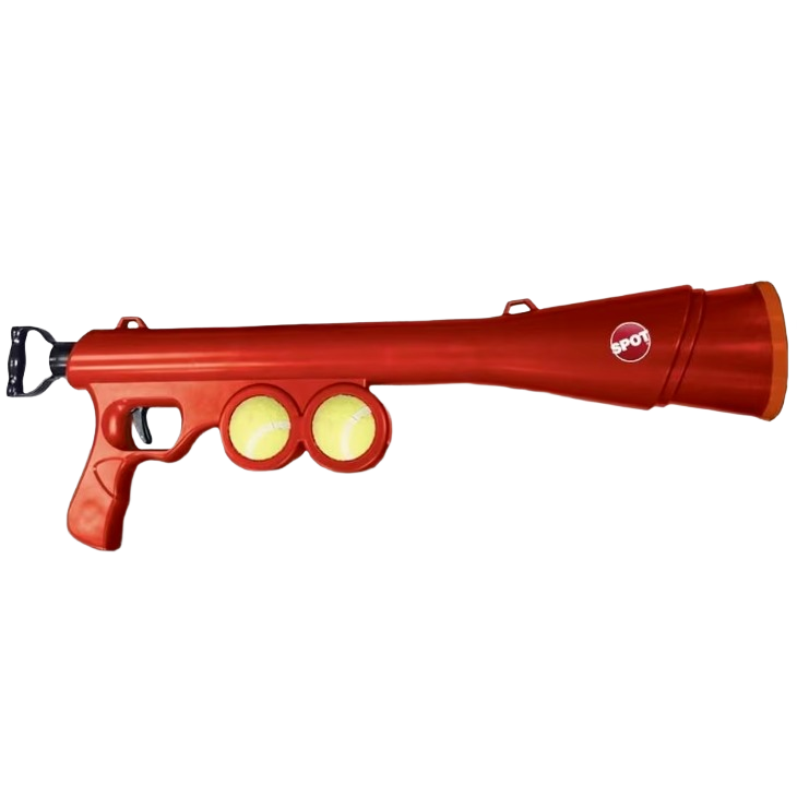 Red launcher toy with two tennis balls designed for dogs, part of pet toys and supplies under $50 collection