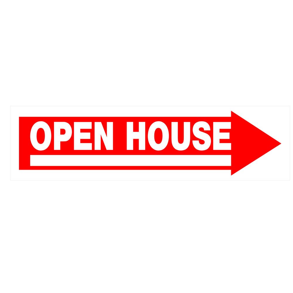 Red and white directional open house sign with bold lettering for home improvement and real estate use