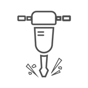 Simple black line drawing of a handheld electric jackhammer breaking through a surface with debris flying around.