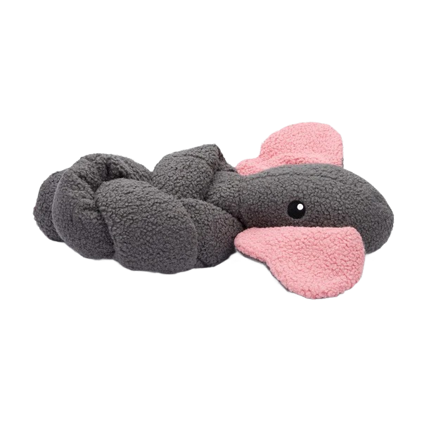 Gray and pink Sherpa fabric dog toy shaped like an elephant with floppy ears, squeakers, and crinkle for pets