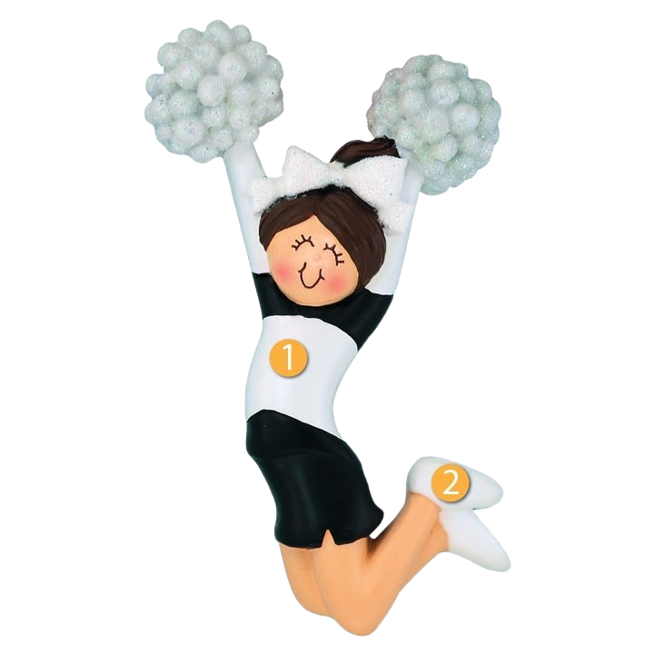 Personalized brunette female cheerleader ornament in black uniform with white bow and pom-poms from Christmas Ornaments collection