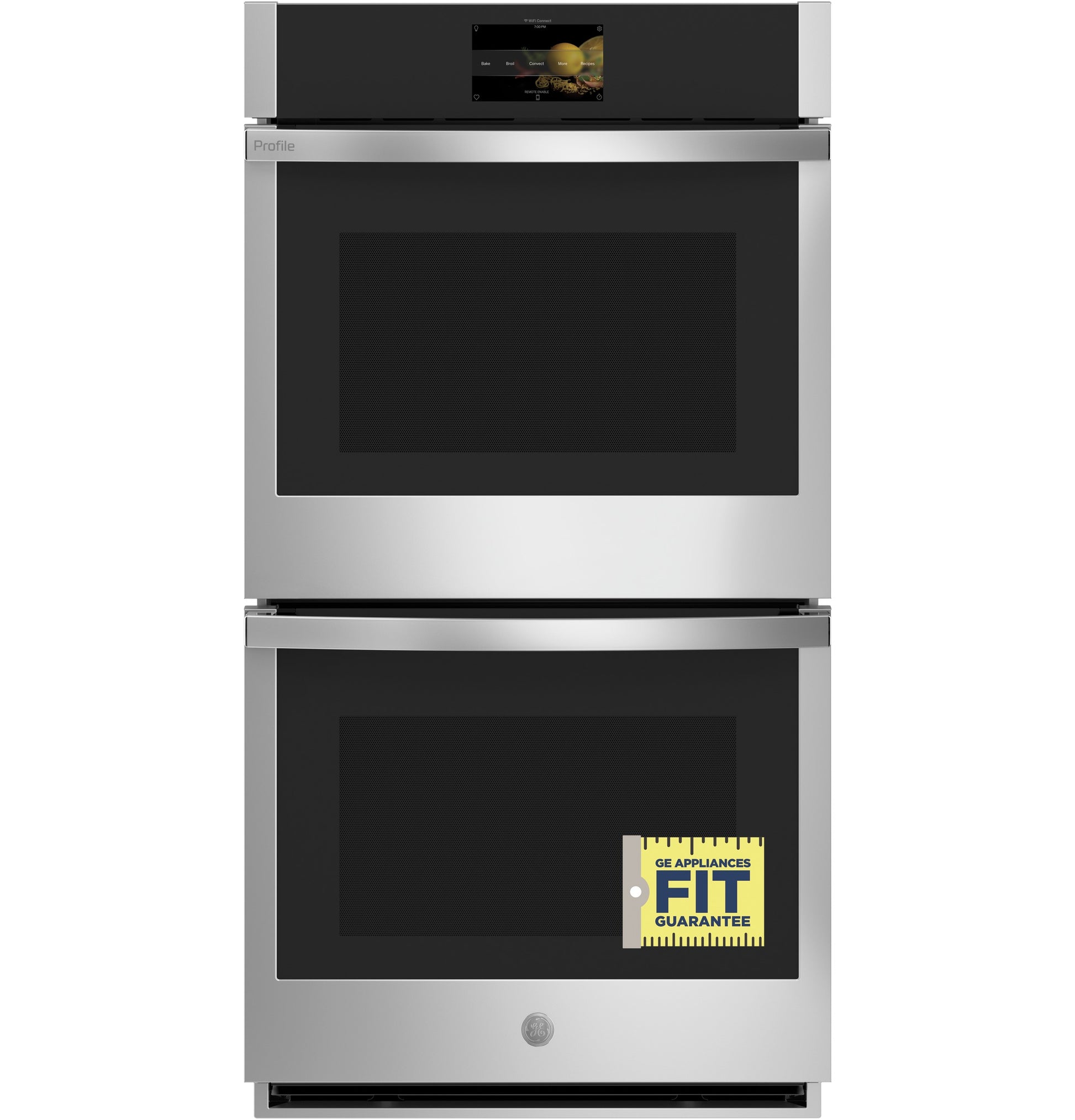 Stainless steel built-in convection double wall oven with digital touchscreen, part of kitchen appliances collection