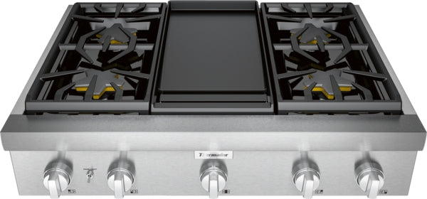 36-inch stainless steel gas rangetop with four burners, center griddle, and professional continuous cast iron grates