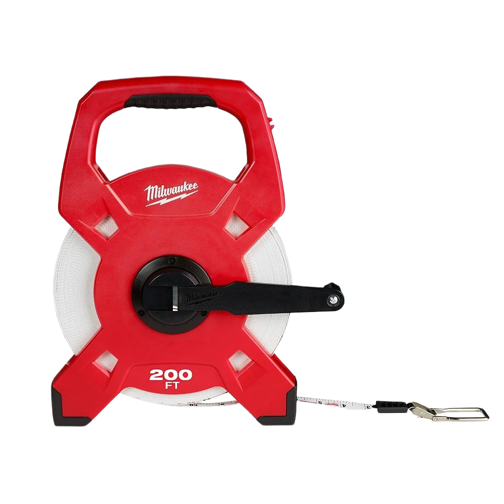 Milwaukee 200-foot fiberglass long tape with open reel, durable hand tool for woodworking and measuring tasks under $50