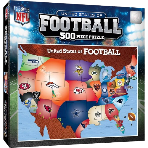 500-piece NFL football map puzzle displaying team logos across the United States for sports enthusiasts and collectors