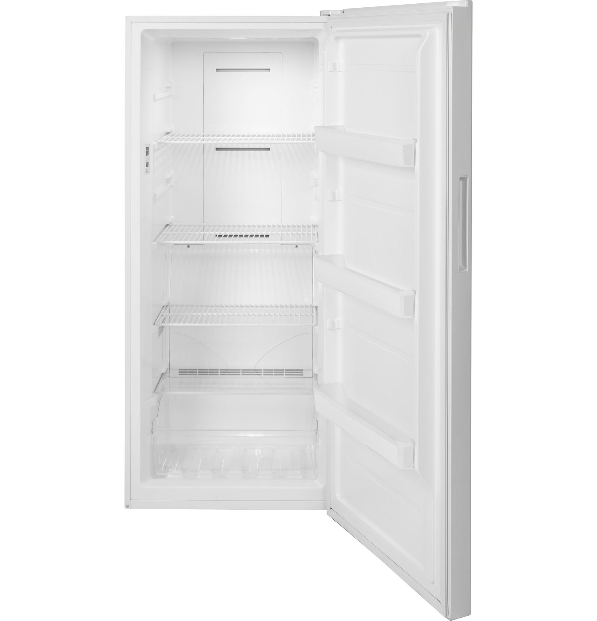 White upright freezer with open door showing multiple wire shelves and door storage from Freezers & Ice Makers collection