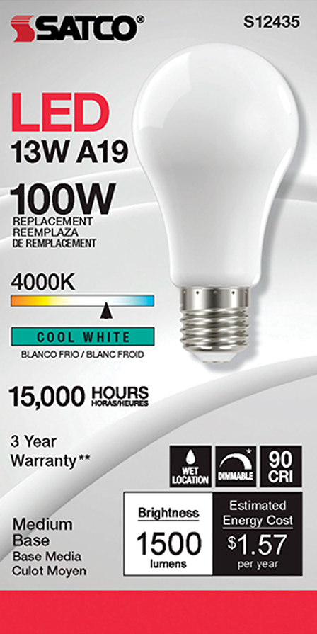LED A19 bulb with cool white 4000K light, medium base, 1500 lumens, dimmable for indoor and wet locations under $50 collections
