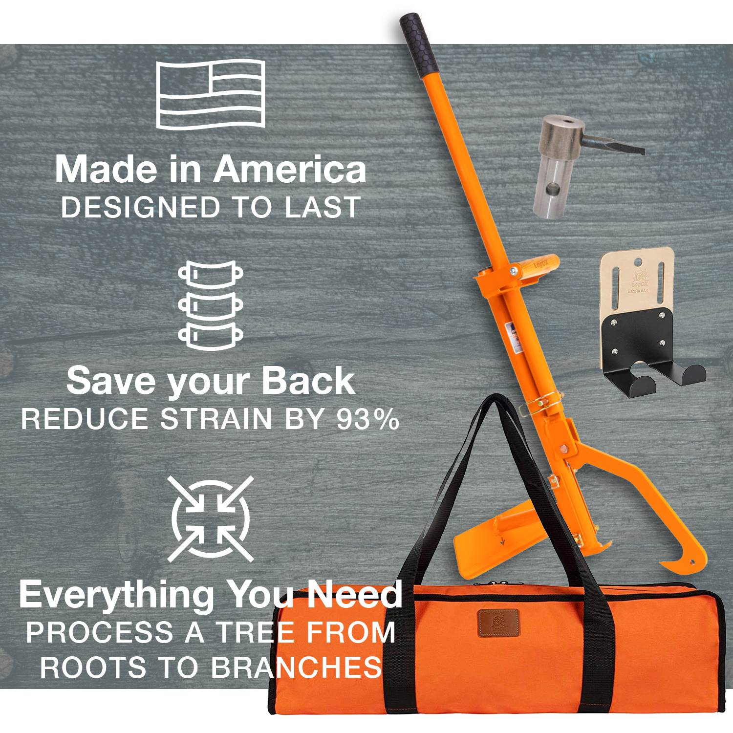 Orange log handling tool with metal components, wall mount, and carrying bag for home improvement and outdoor use