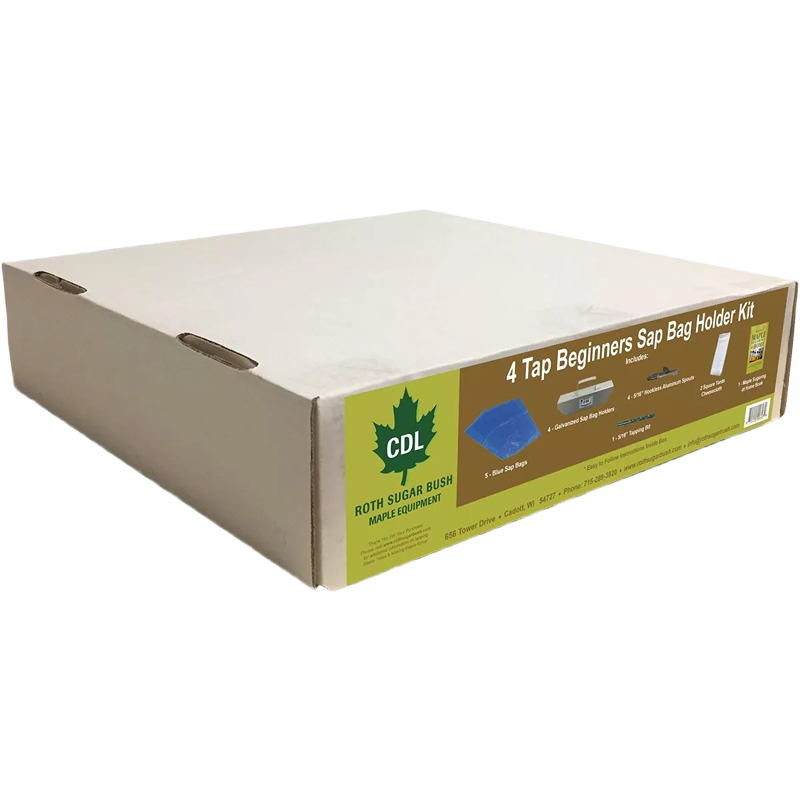 Cardboard box packaging for a beginner sap bag holder kit with blue plastic bags for home sap collecting