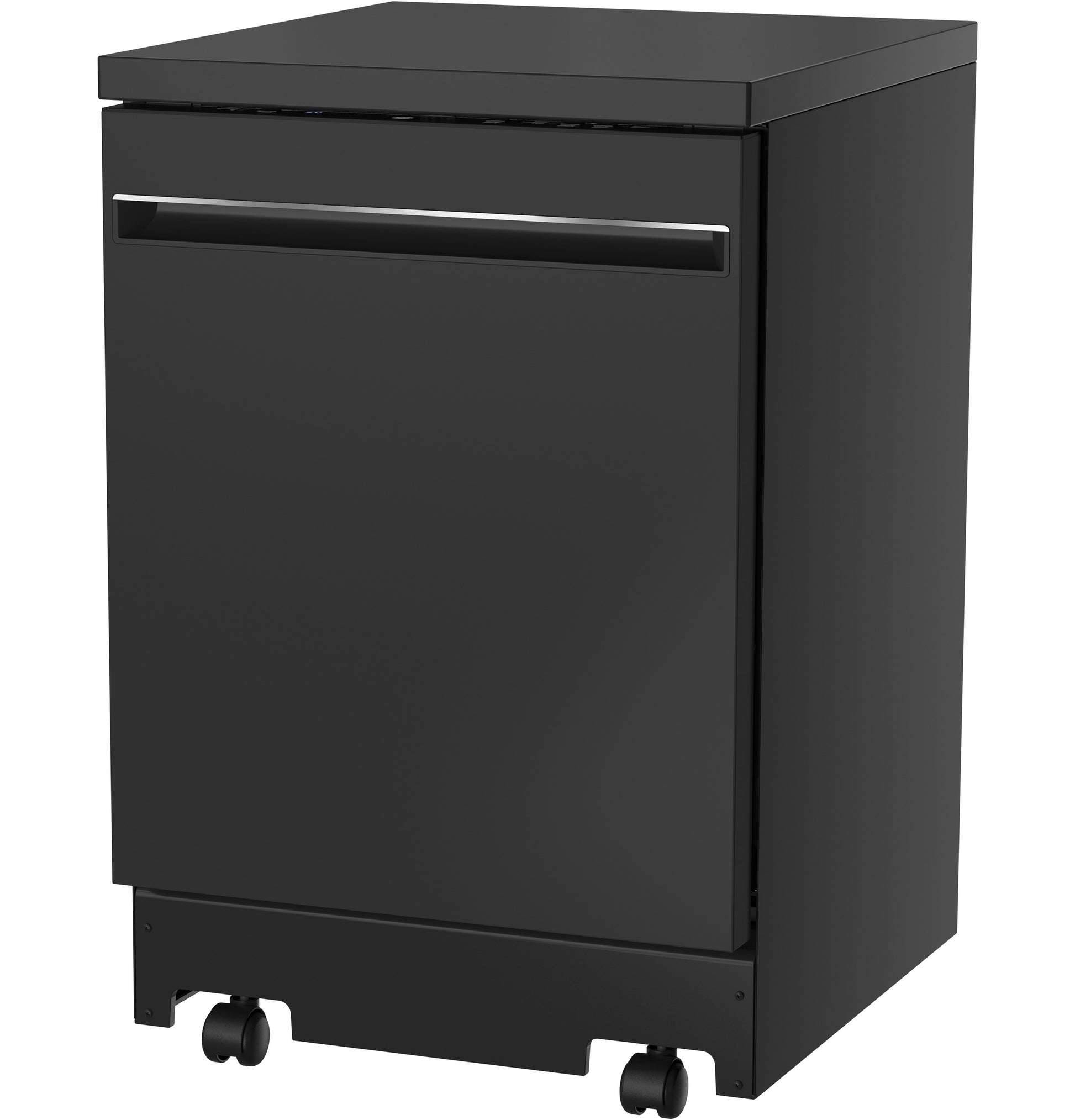 Matte black portable dishwasher with sleek horizontal handle and caster wheels in kitchen appliances collection