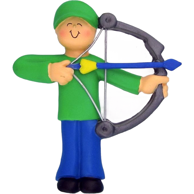 Figurine ornament of a male archer in green shirt and blue pants holding a bow and arrow in Christmas Ornaments collection