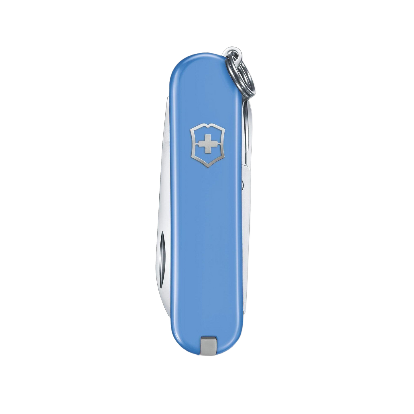 Slim light blue Swiss Army pocket knife with keyring and classic multi-tool features for everyday tasks