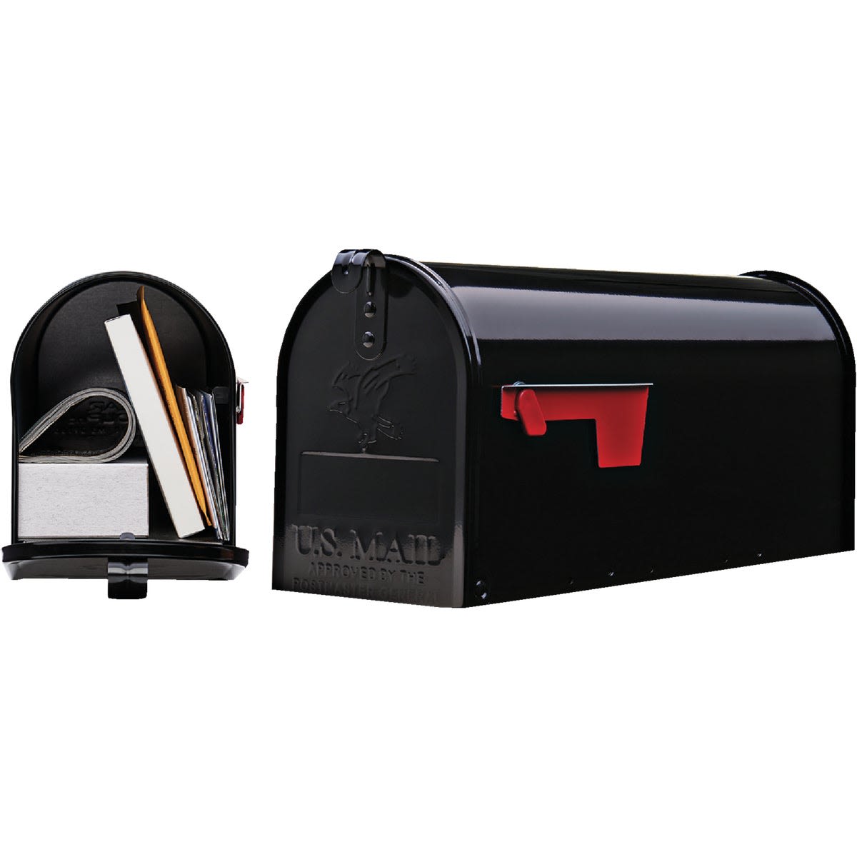 Black rural-style post mount mailbox with red flag and open compartment filled with mail for home improvement