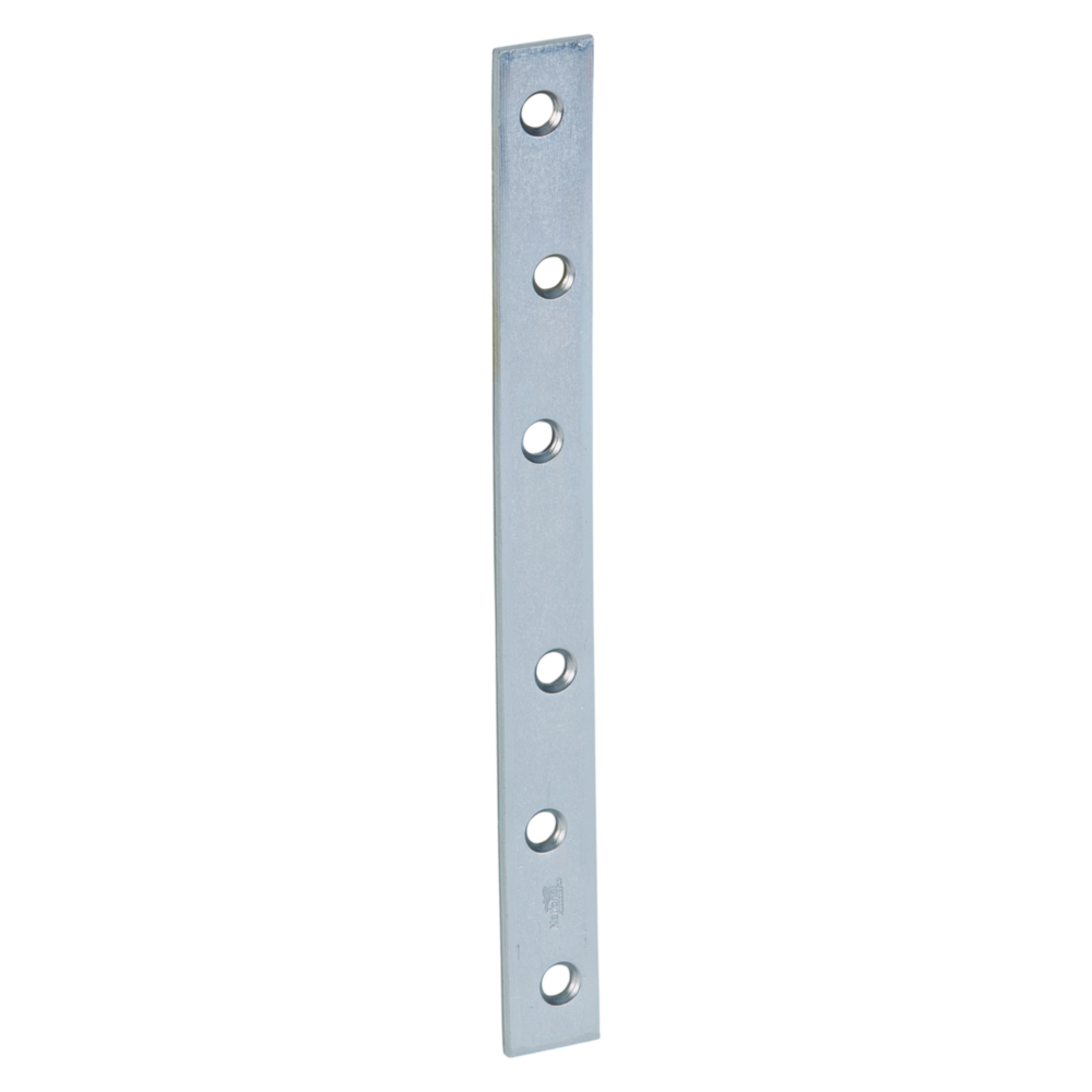 Zinc-plated hot-rolled steel mending plate with six countersunk holes for reinforcing and splicing in building hardware projects