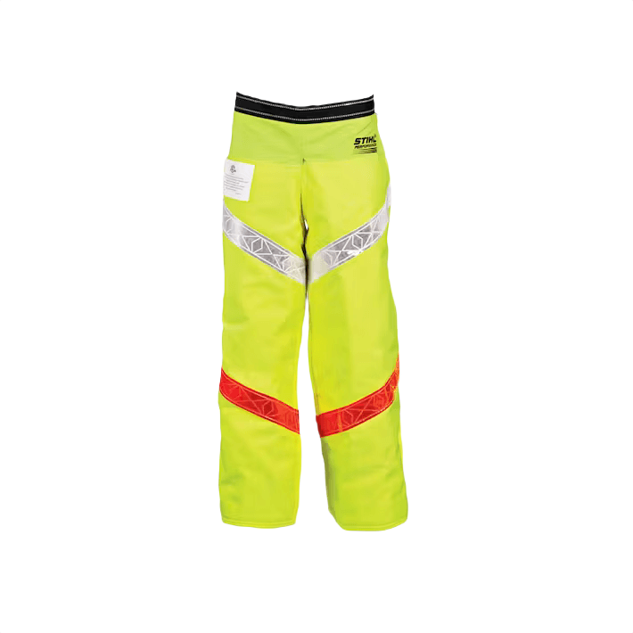 High-visibility yellow apron chaps with reflective silver and red stripes for safety in tools and home improvement tasks