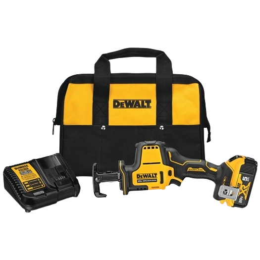Cordless reciprocating saw kit with battery, charger, and black-yellow carrying bag for tools and home improvement.