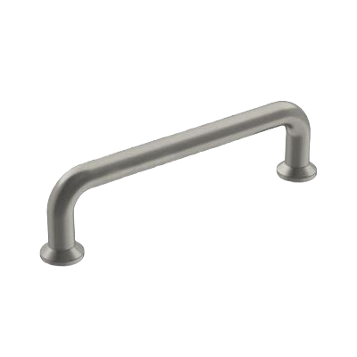 Satin nickel finish cabinet pull with curved bar and pedestal feet for hardware and furniture accessories collections