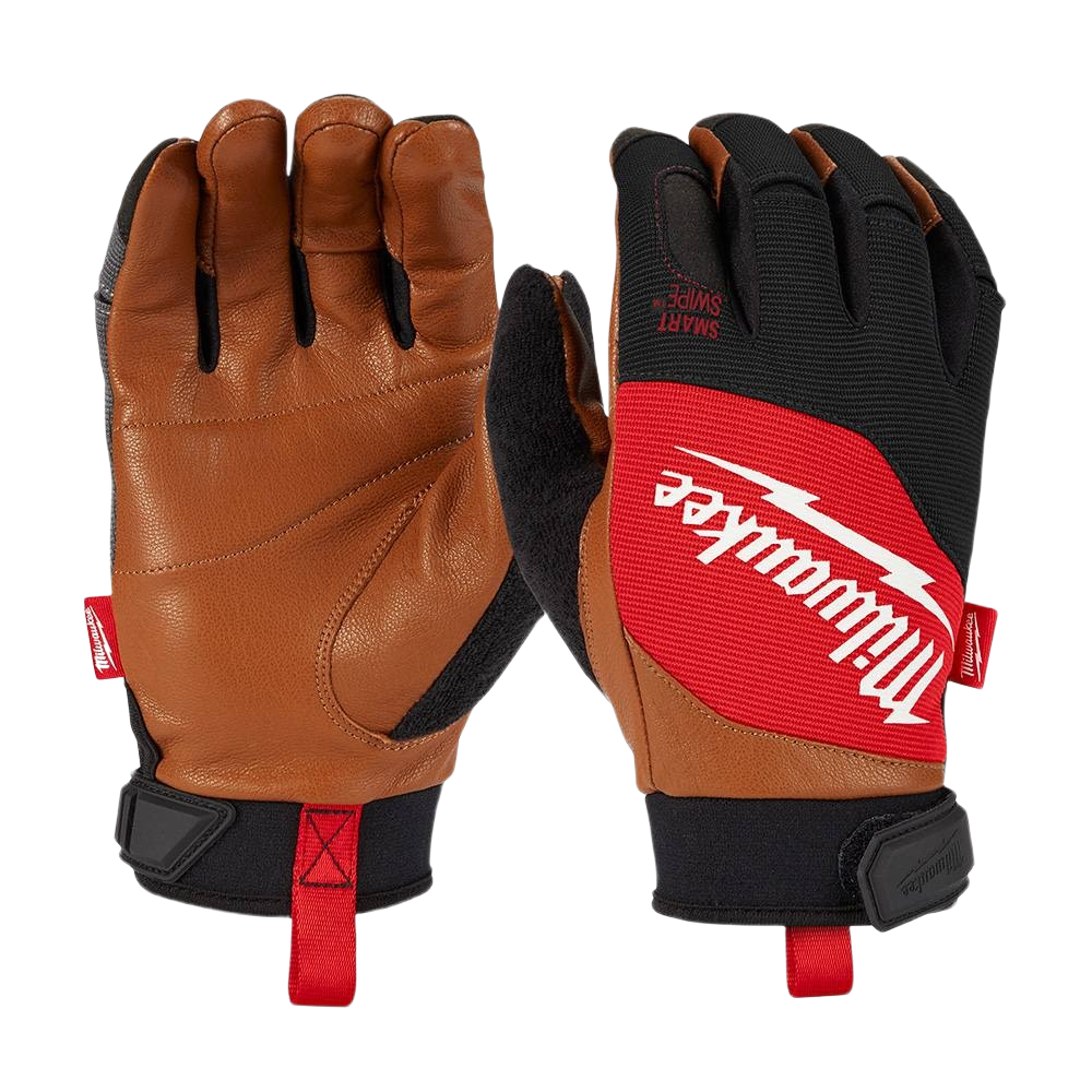 Pair of Milwaukee leather work gloves with red and black fabric, designed for safety and durability in hardware tasks
