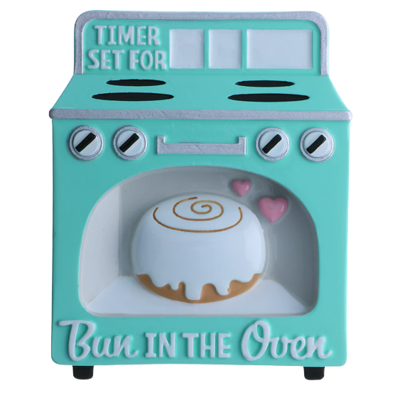 Teal oven ornament with a cinnamon bun inside and pink hearts for Christmas Ornaments & Tree Decorations under $50 collection