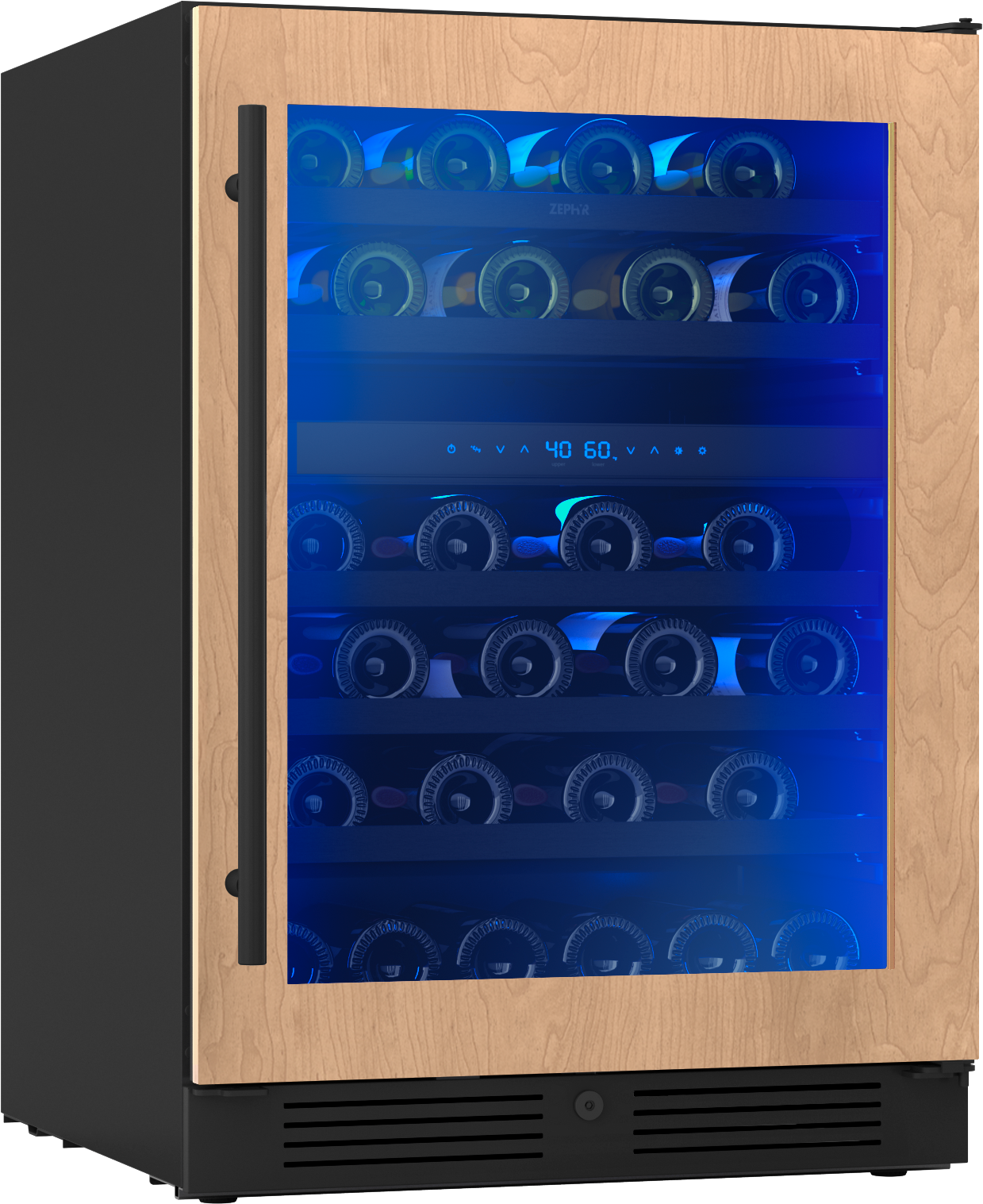 Glass-front wine cooler with wood panel door, dual temperature zones, blue LED lighting in kitchen appliance setting