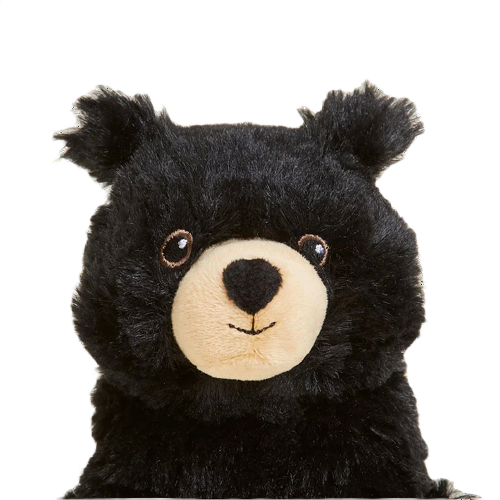 Plush black bear toy with soft tan snout, designed for microwavable warmth and comforting cuddles.