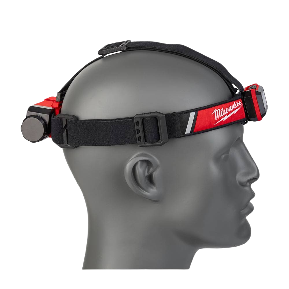Black and red adjustable head strap with mounted low-profile LED light for hands-free use in tools and home improvement tasks