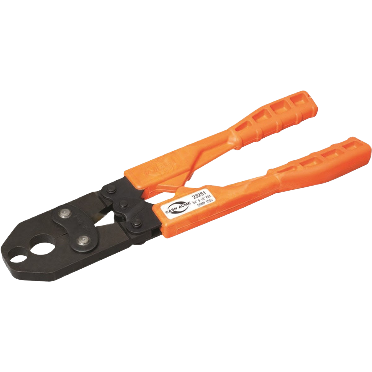 Orange-handled crimping tool with black metal jaws for PEX plumbing and home improvement applications