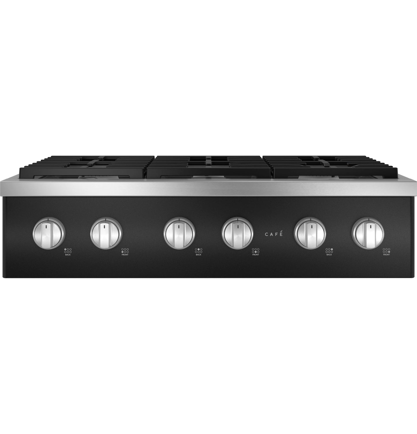 Front view of stainless steel and black commercial-style gas cooktop with six control knobs in Appliances collection