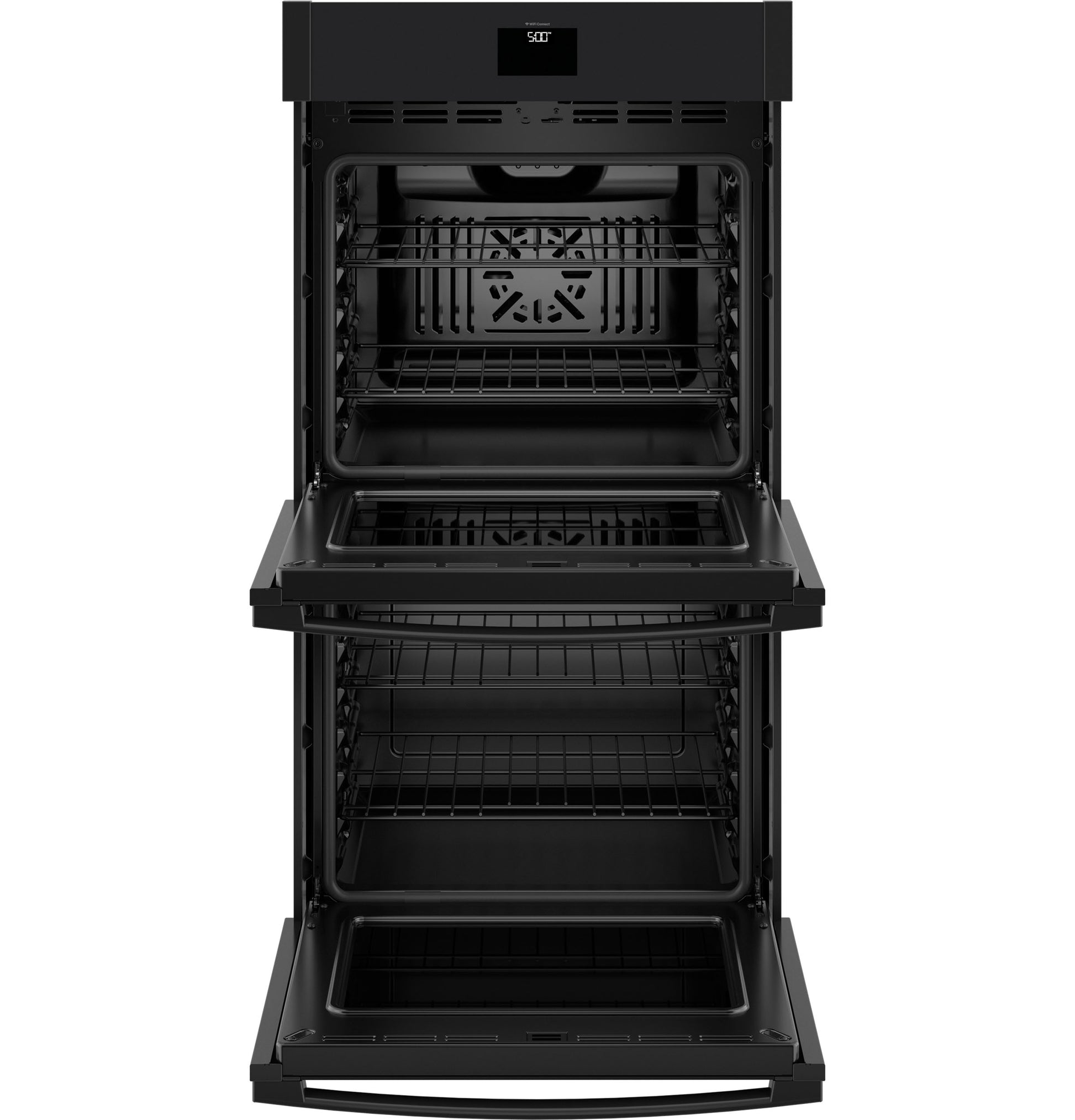 Built-in black double wall oven with convection fan and digital display in Double Wall Ovens and Kitchen collections