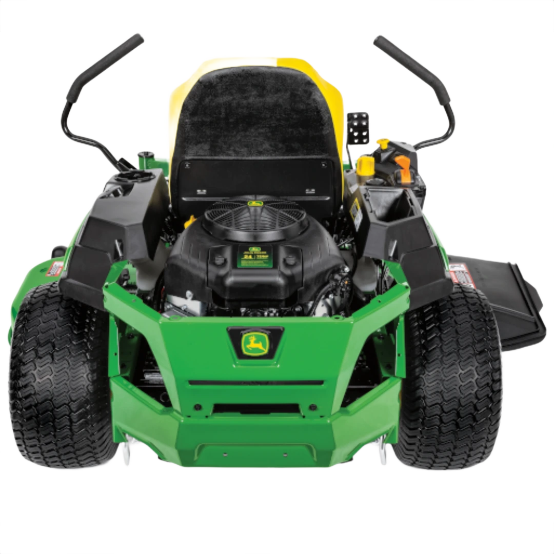 Green and yellow zero-turn mower viewed from front, featuring wide rear tires and ergonomic dual control levers for lawn care tasks