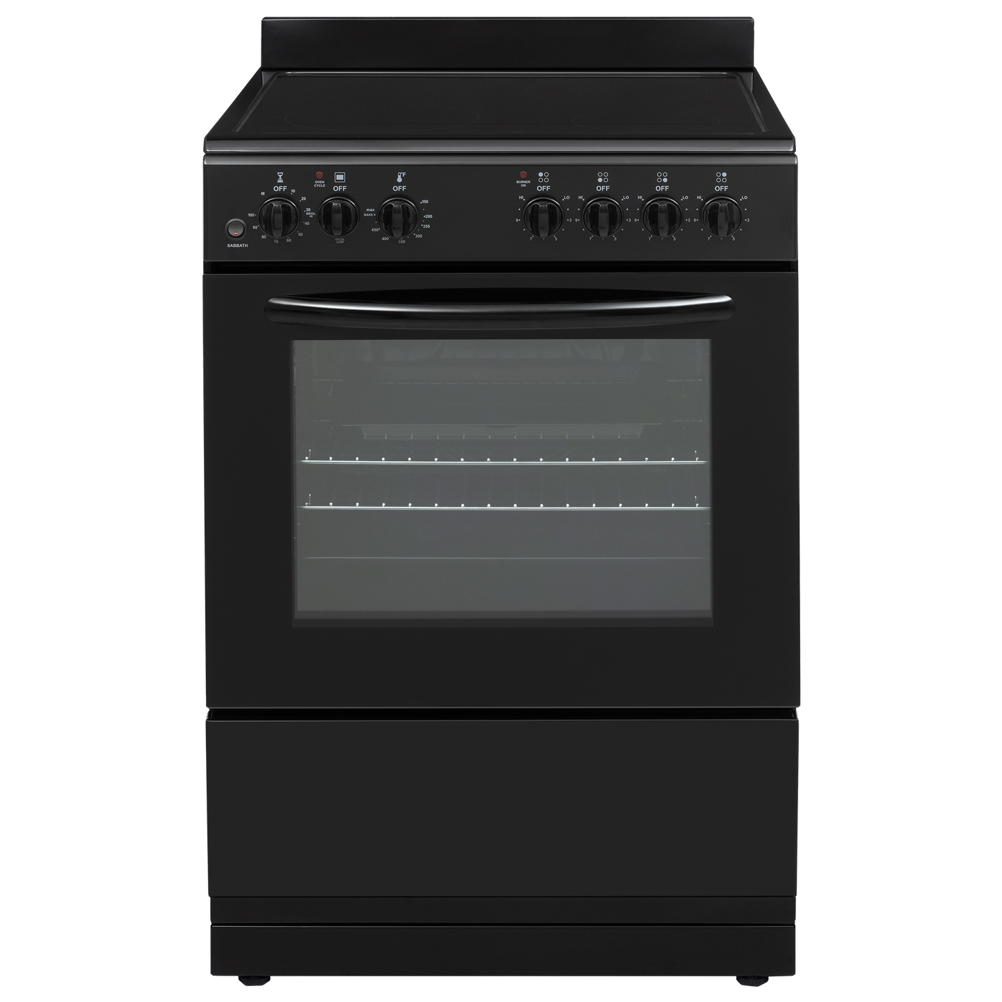 Black freestanding electric range with control knobs and glass oven door for kitchen appliance and home improvement use