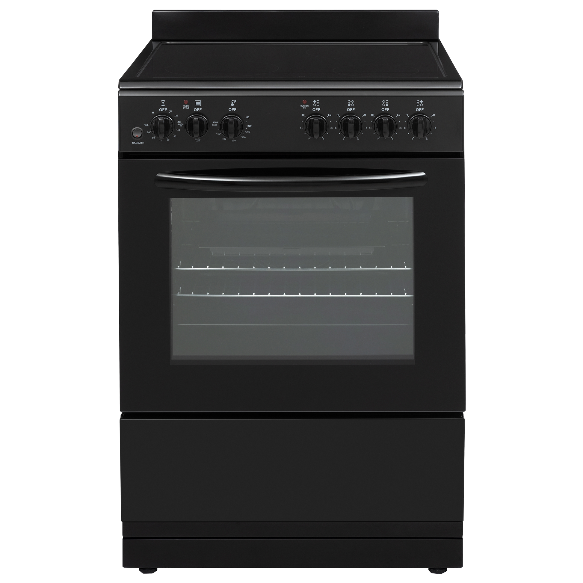 Black freestanding electric range with control knobs and glass oven door for kitchen appliance and home improvement use