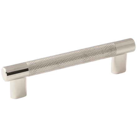 Polished nickel and stainless steel pull with crosshatch texture for cabinet hardware and furniture accessories collections